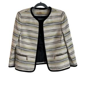 Nipon Boutique Women's Tweed Blazer Jacket 8 Striped Open Front 3/4 Sleeve Cream